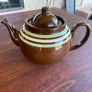 Mid Century Ridgeway England Brown Glaze Striped Redware Teapot
